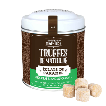 “Mathilde” White Chocolate Truffles with Caramel Pieces in a Metal Tin – 200 g